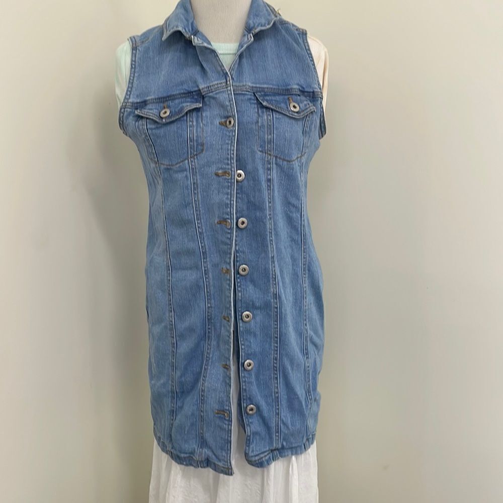 Sleeveless 7 button down Jean dress stretchy by indigo Rein size large